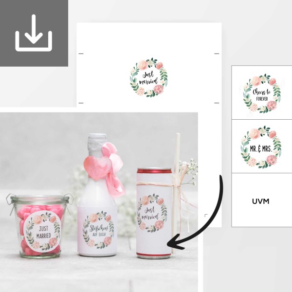 Banderole/ Etikett Vorlage "Blumenkranz" für kleine Flaschen zur Hochzeit