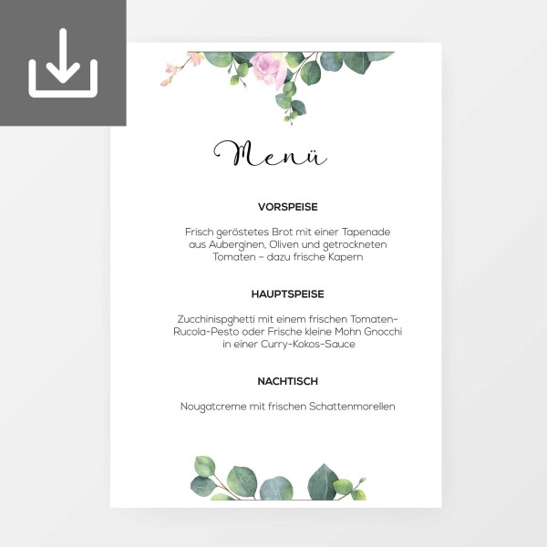 Menükarte "Eukalyptus & Rosen" für die Hochzeit zum ausdrucken