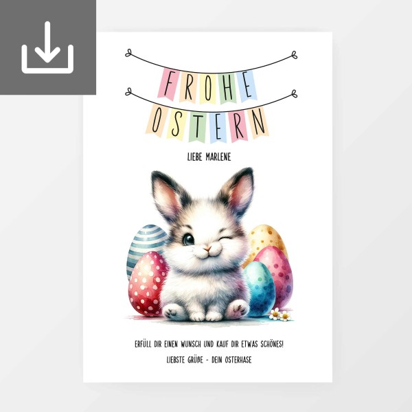 Geldgeschenk zu Ostern originell verpacken mit dem PDF "Zwinkerhase"