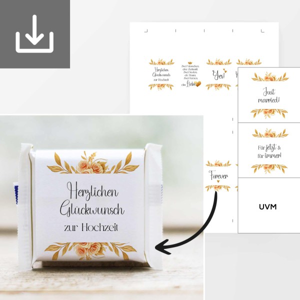 Banderolen Vorlagen im goldenen Design für Ritter Sport Mini zur Hochzeit zum selber drucken