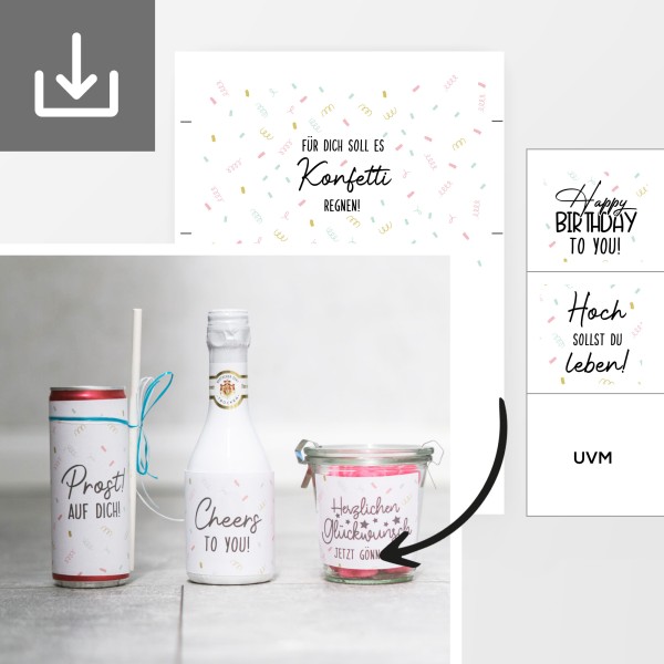 Banderole/ Etikett Vorlage "Konfetti" für kleine Flaschen zum Geburtstag