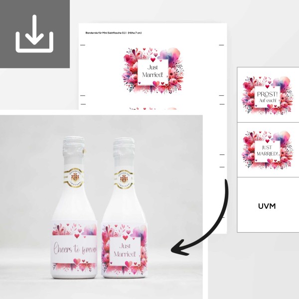 Flaschen Banderolen Vorlagen für deine Hochzeit als PDF zum selber drucken im Design "Watercolour rot"